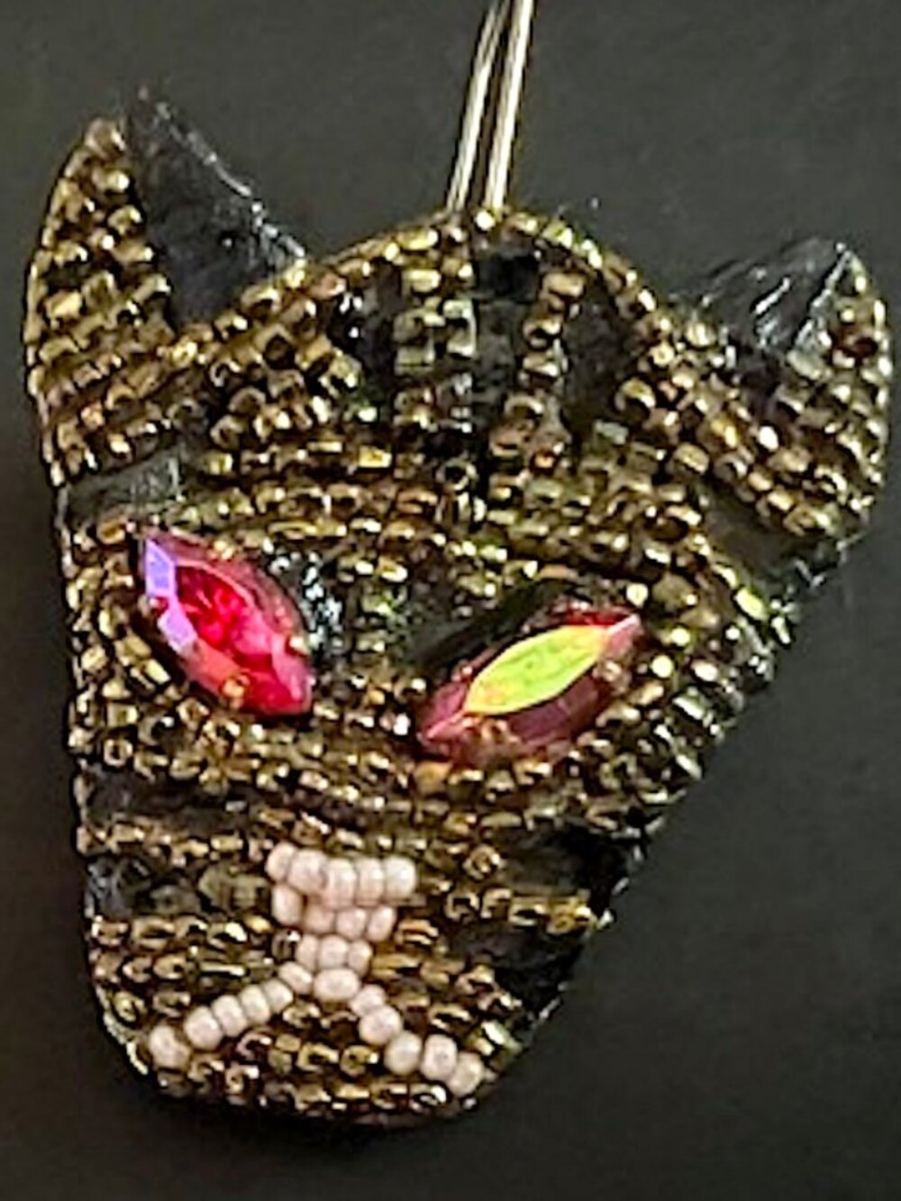 Vintage 80'S Beaded Glass Artist-made Handmade Cat Earrings with Rhinestone Eyes